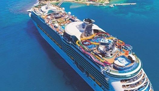 Aerial view of a large cruise ship featuring water slides and recreational areas, showcasing amenities for family vacations and adventures at sea.