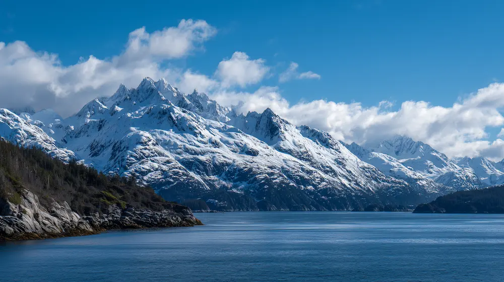 Alaskan cruise with snowy mountains