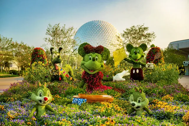 Mickey, Minnie, Pluto, and Chip & Dale topiaries with Spaceship Earth at EPCOT International Flower and Garden Festival